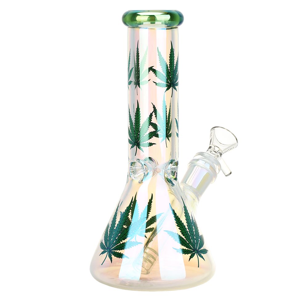 The High Culture Realistic Hemp Leaf Beaker Glass Water Pipe - 7.75" / 14mm F