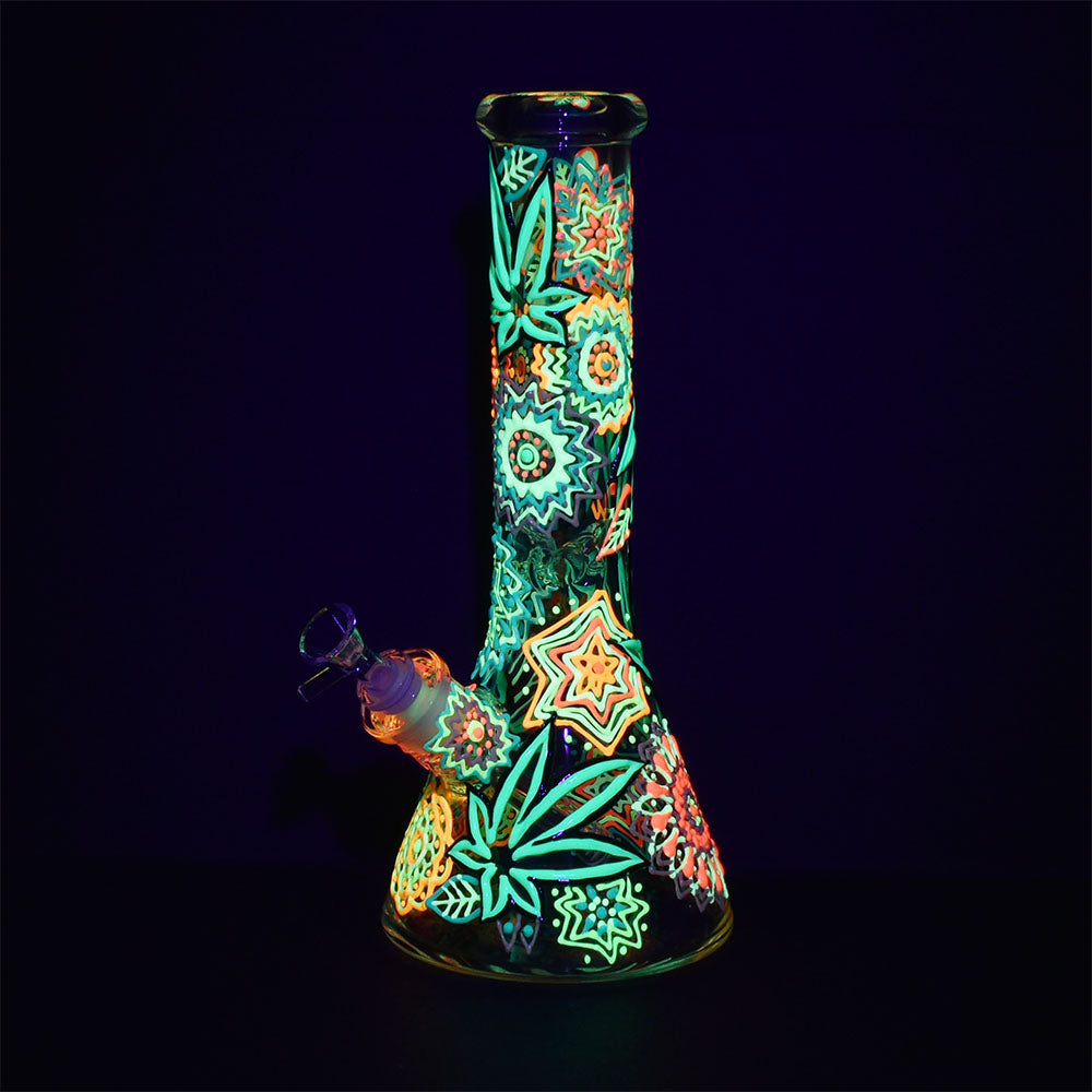 The High Culture Flowered Hemp Leaf Beaker Water Pipe - 12.75"/14mm F