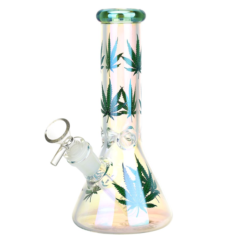 The High Culture Realistic Hemp Leaf Beaker Glass Water Pipe - 7.75" / 14mm F