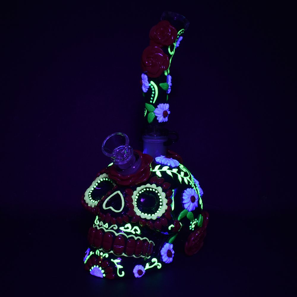 The High Culture Heavy Flowered Sugar Skull Glass Water Pipe - 10" / 19mm F