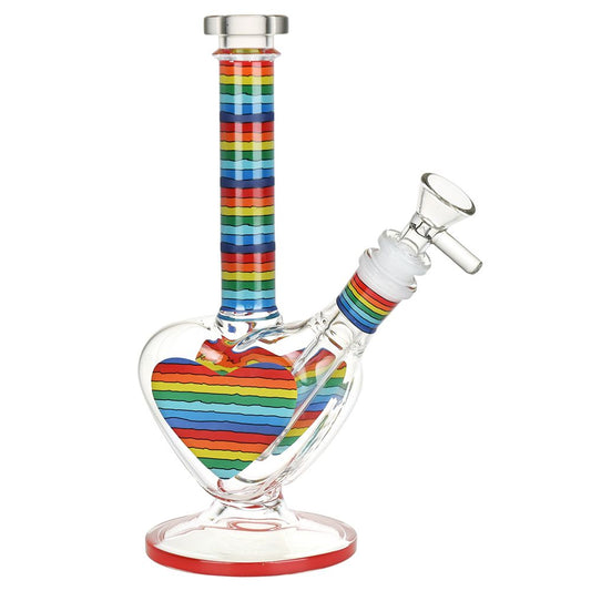 The High Culture Rainbow Striped Heart Glass Water Pipe - 8.5" / 14mm F