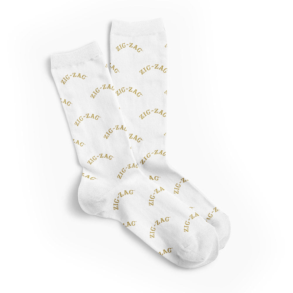 Zig Zag Crew Socks - White W/ Gold Logo
