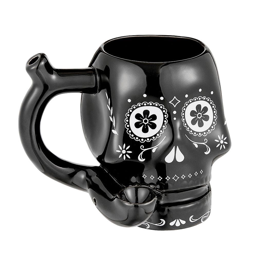 Ceramic Mug Pipe with a sugar skull design in black