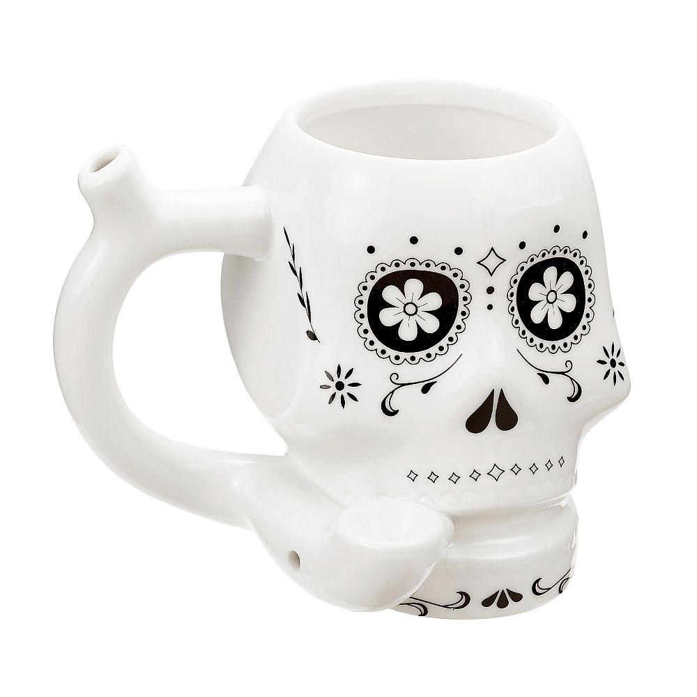 Ceramic Mug Pipe with a sugar skull design in white.
