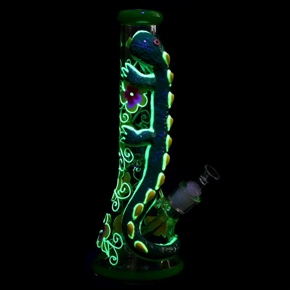 The High Culture  Glow in the Dark Lizard Beaker Water Pipe - 13.75"/14mm F