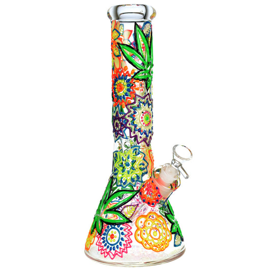 The High Culture Flowered Hemp Leaf Beaker Water Pipe - 12.75"/14mm F