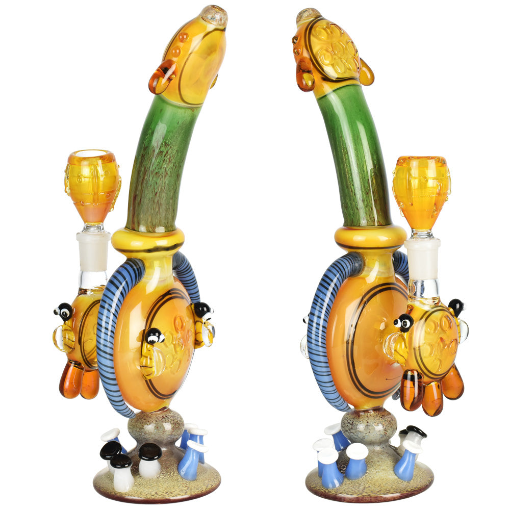 The High Culture Mushrooms & Honey Bees Water Bong Pipe - 11"/14mm F