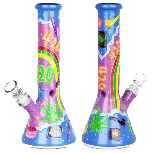 The High Culture  Beach Vibes Glow in the dark 420 Painted Glass Beaker Water Pipe - 10" / 14mm F